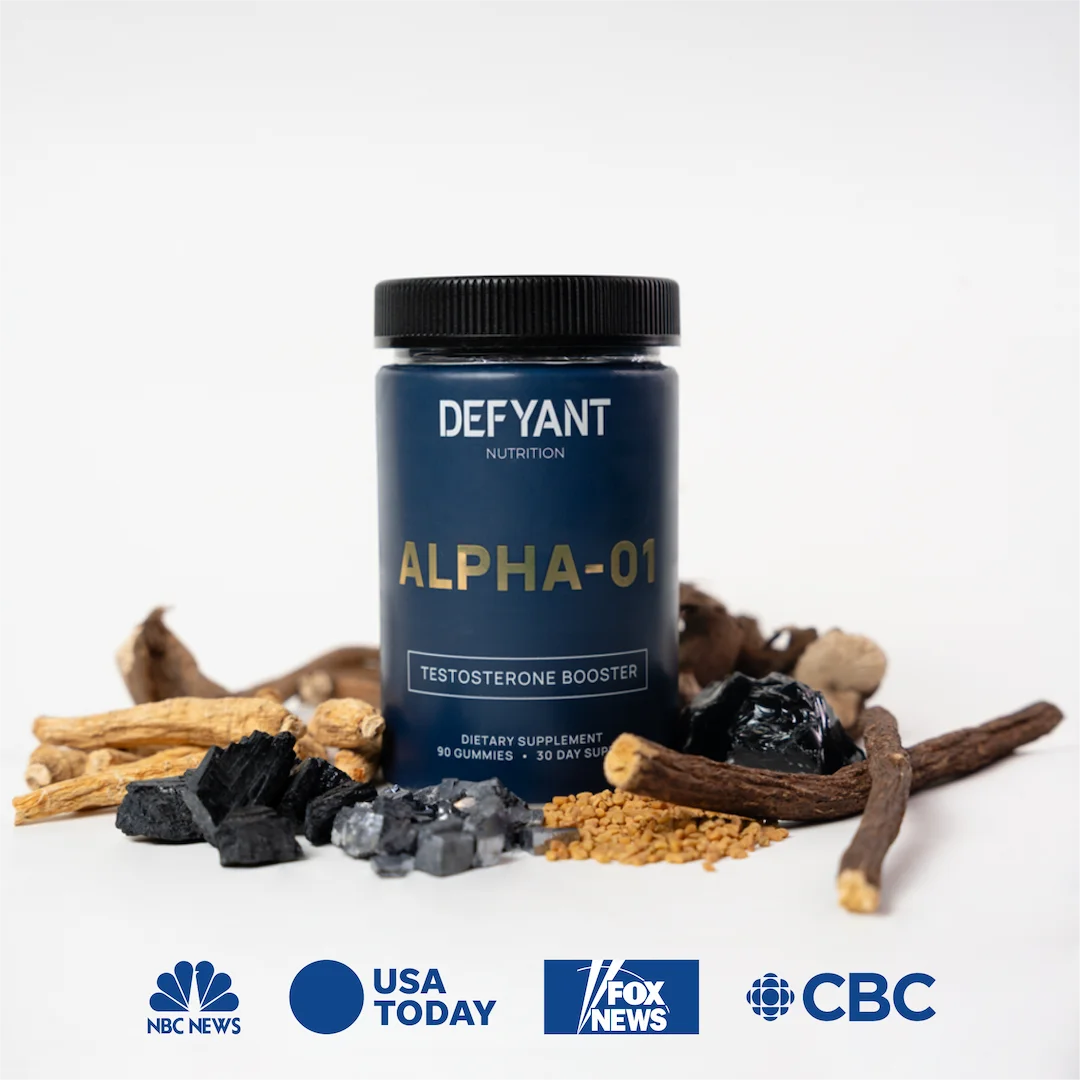 Blue container labeled 'DEFYANT ALPHA-01 Testosterone Booster, Dietary Supplement, 90 gummies.'